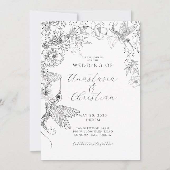 Invitación Boda floral dibujado a mano (Anverso)