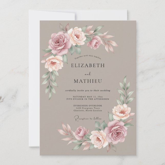 Invitación Boda floral discreta en taupe (Anverso)