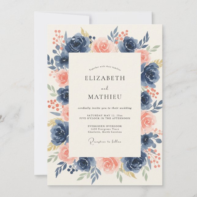 Invitación Boda floral distinguida de azul marino (Anverso)