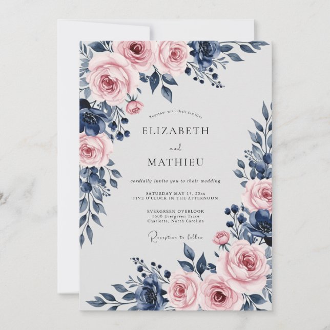 Invitación Boda floral divina azul marino (Anverso)