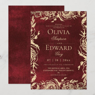Invitación Boda floral divina de Borgoña y oro
