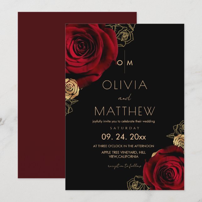 Invitación Boda floral divina rosa de Borgoña moderna  (Anverso / Reverso)