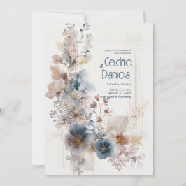 Invitación Boda Floral Dorada Acuarela Terracota Azul
