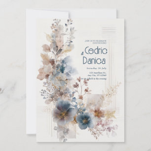 Invitación Boda Floral Dorada Acuarela Terracota Azul