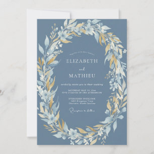 Invitación Boda Floral Dorada Azul Acero