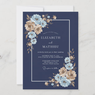 Invitación Boda floral dorada azul marino