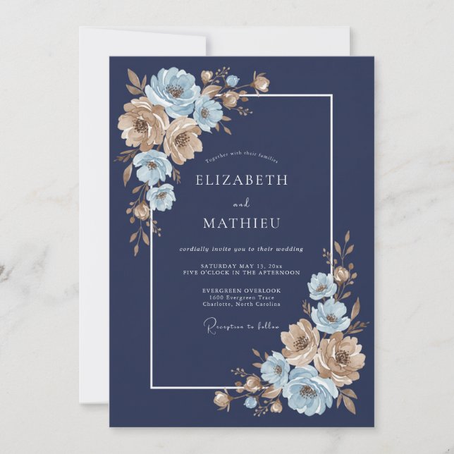 Invitación Boda floral dorada azul marino (Anverso)