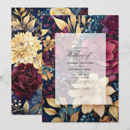 Invitación Boda floral dorada, azul marino y borgoña