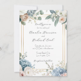 Invitación Boda Floral Dorada Azul Polvoriento Personalizable