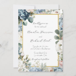 Invitación Boda Floral Dorada Azul Polvoriento Personalizable