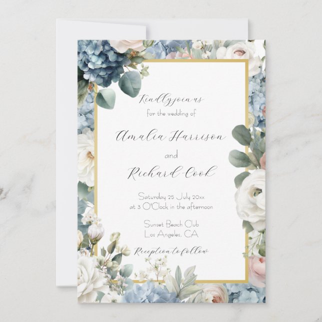Invitación Boda Floral Dorada Azul Polvoriento Personalizable (Anverso)