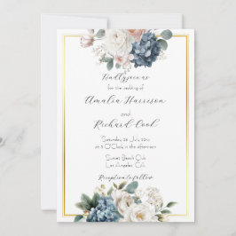 Invitación Boda Floral Dorada Azul Polvoriento Personalizable