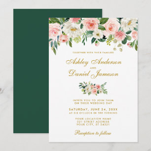 Invitación Boda floral dorada blanca con tonos rosados al acu