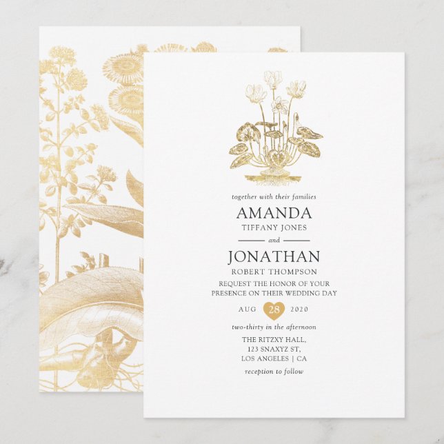 Invitación Boda floral dorada chic (Anverso / Reverso)
