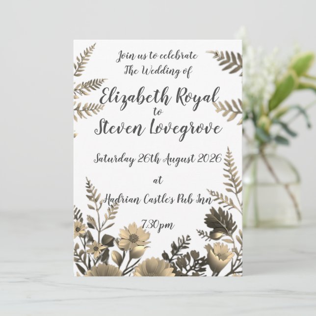 Invitación Boda floral dorada clara y simple blanca (Anverso de pie)