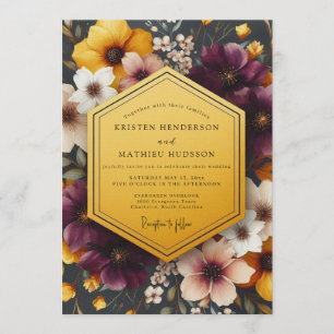 Invitación Boda floral dorada de ciruela