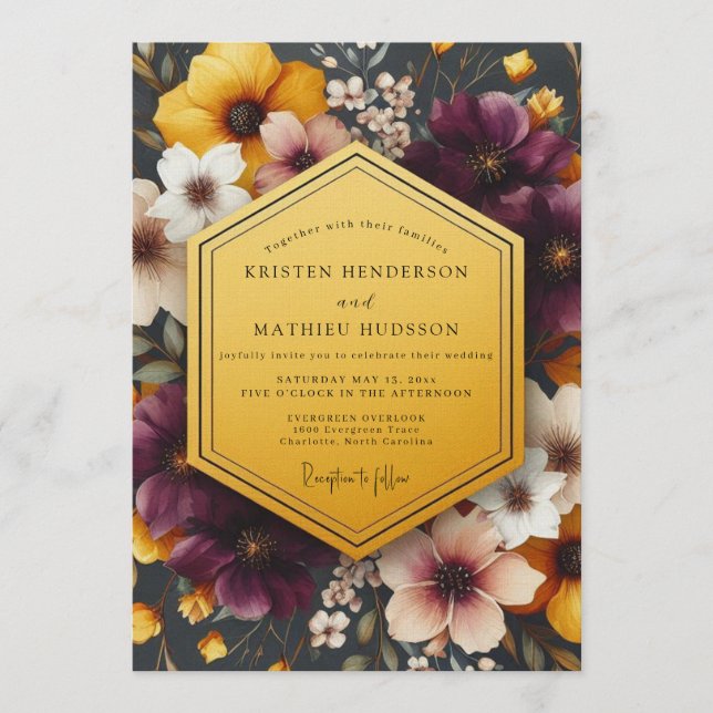 Invitación Boda floral dorada de ciruela (Anverso)