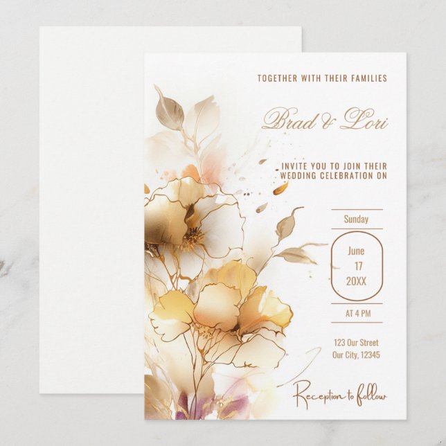 Invitación Boda floral dorada delicada (Anverso / Reverso)
