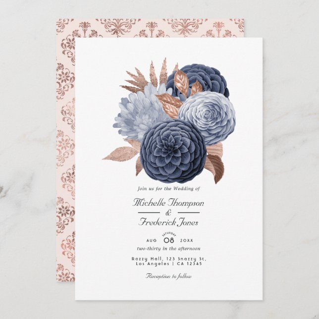 Invitación Boda Floral Dorada Dusty Blue y Rosa (Anverso / Reverso)