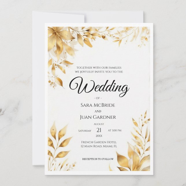 Invitación Boda Floral Dorada Elegante (Anverso)