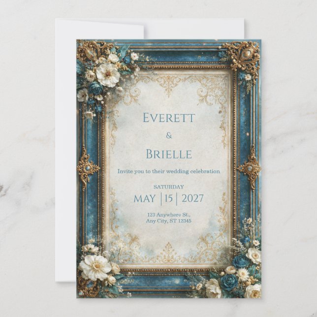 Invitación Boda floral dorada en azul turquesa (Anverso)