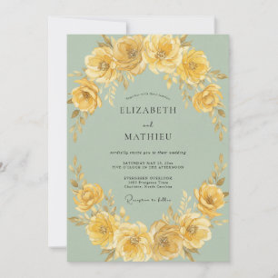 Invitación Boda floral dorada en verde salvia