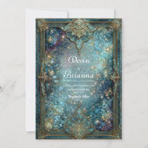 Invitación Boda Floral Dorada Galaxia Verde Azulada Ornamenta