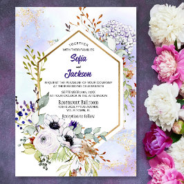 Invitación Boda floral dorada geométrica púrpura
