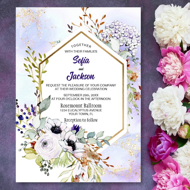 Invitación Boda floral dorada geométrica púrpura (Subido por el creador)