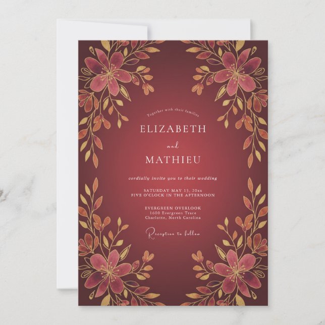 Invitación Boda floral dorada granate (Anverso)