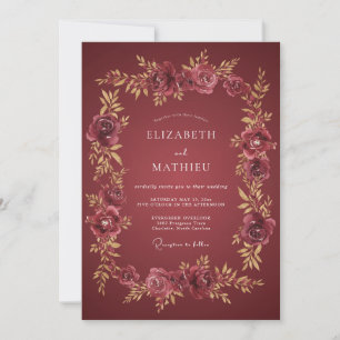 Invitación Boda floral dorada granate profunda