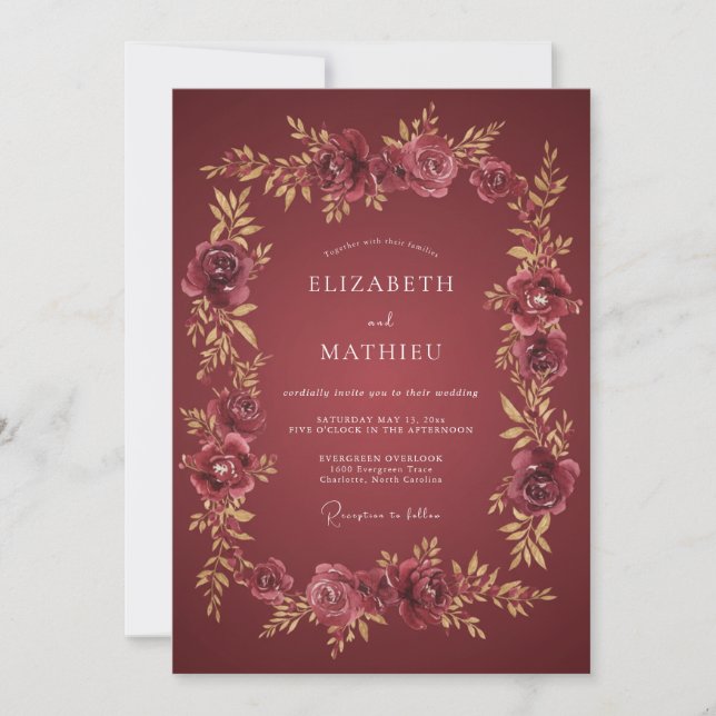 Invitación Boda floral dorada granate profunda (Anverso)