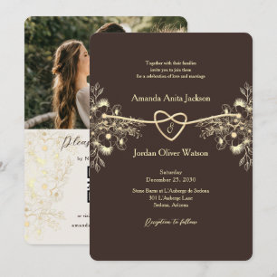 Invitación Boda Floral Dorada Marrón Chocolate Otoño Invierno