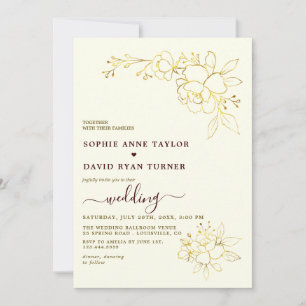 Invitación Boda Floral Dorada Marrón Profundo Rayas Marfil