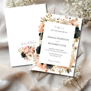 Invitación Boda Floral Dorada Melocotón Negro Personalizable 