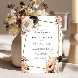 Invitación Boda Floral Dorada Melocotón Negro Personalizable 