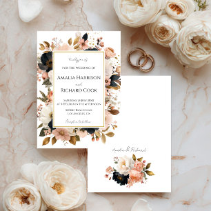 Invitación Boda Floral Dorada Melocotón Negro Personalizable 