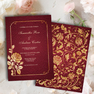 Invitación Boda floral dorada Merlot oscura con relieve