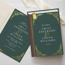Invitación Boda floral dorada plegada libro verde vintage