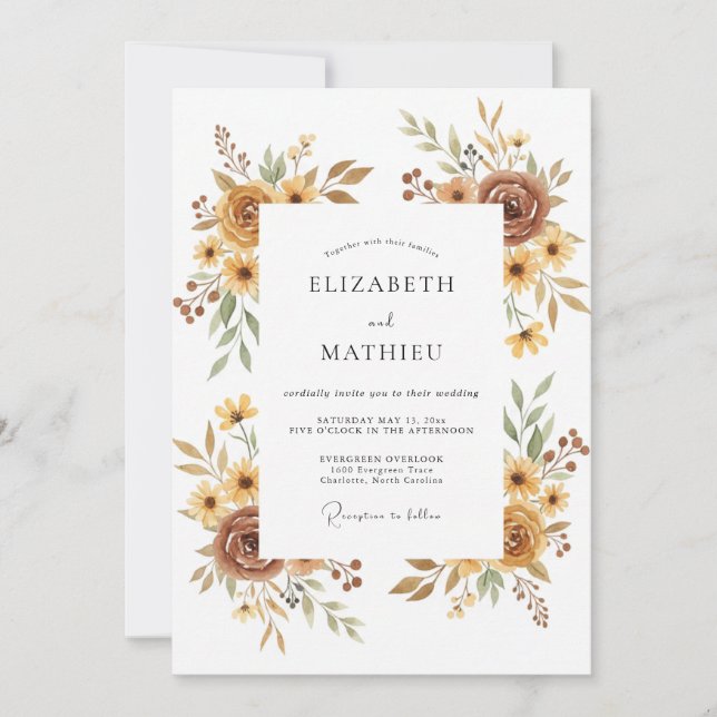 Invitación Boda Floral Dorada Silenciada (Anverso)
