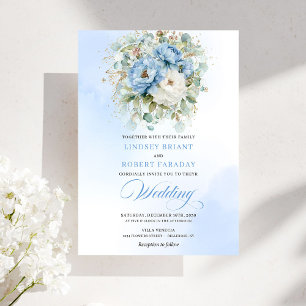 Invitación Boda floral dorada y peonía azul polvoriento chic