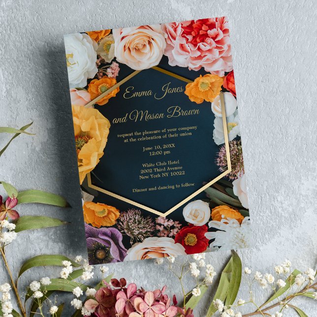 Invitación Boda floral dorado amarillo rosa amarillo rosa azu (Summer yellow pink navy blue gold floral Wedding )
