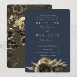Invitación Boda floral dorado azul de la marina de lujo