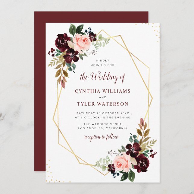 Invitación boda floral dorado geométrico burgundy y rubio (Anverso / Reverso)