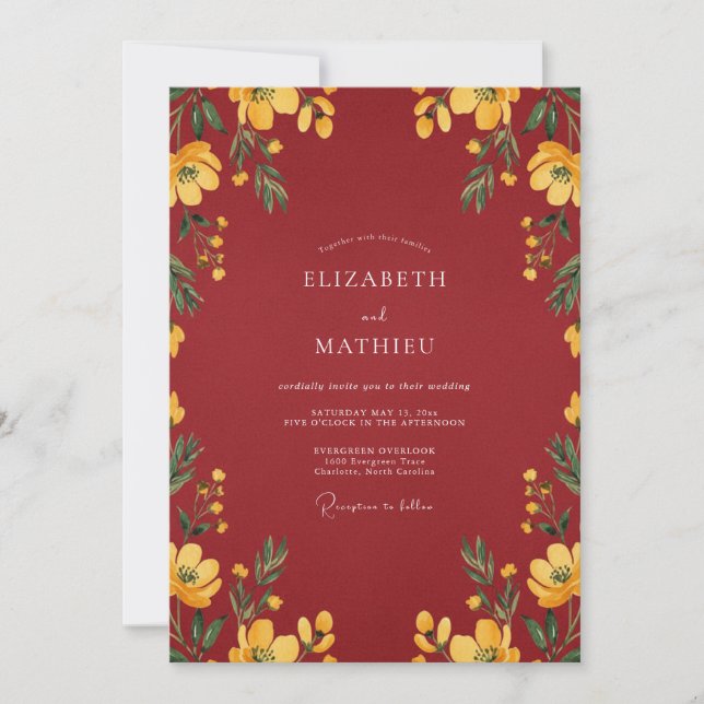 Invitación Boda Floral Dorado Granate (Anverso)