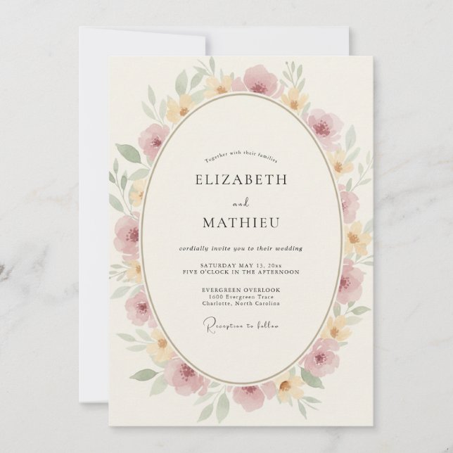 Invitación Boda Floral Dorado Pálido Rubor (Anverso)