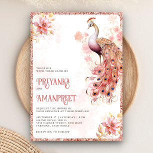 Invitación Boda Floral Dorado Rosa Pastel Pavo Real Indio