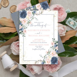 Invitación Boda floral dorado rosa Rubor azul turbio claro