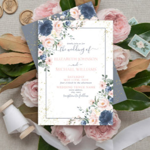 Invitación Boda floral dorado rosa Rubor azul turbio claro