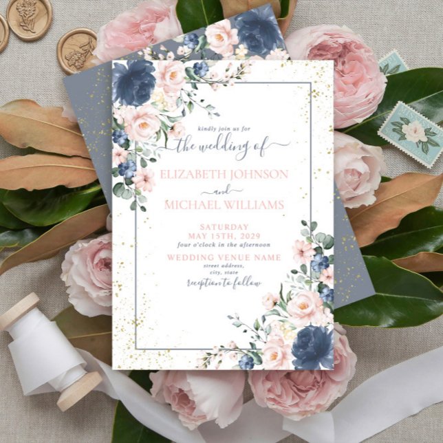 Invitación Boda floral dorado rosa Rubor azul turbio claro (Subido por el creador)